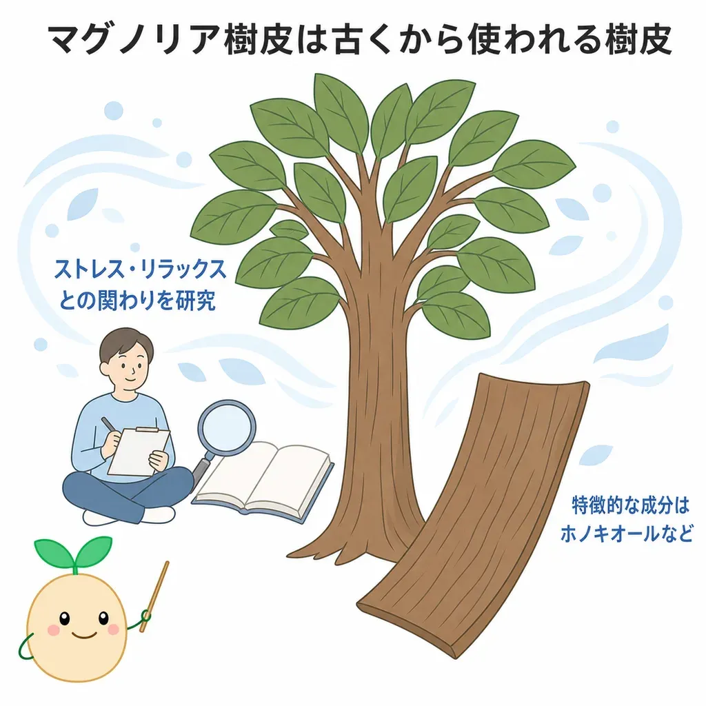 マグノリア樹皮(ホノキオール)が体の中でどんなはたらきに関わるかをやさしく示した図