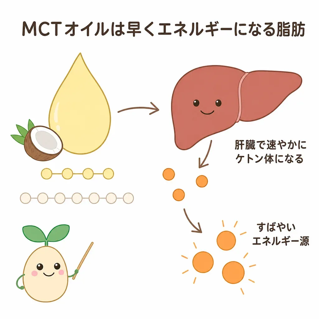 MCTオイル（中鎖脂肪酸）が体の中でどんなはたらきに関わるかをやさしく示した図