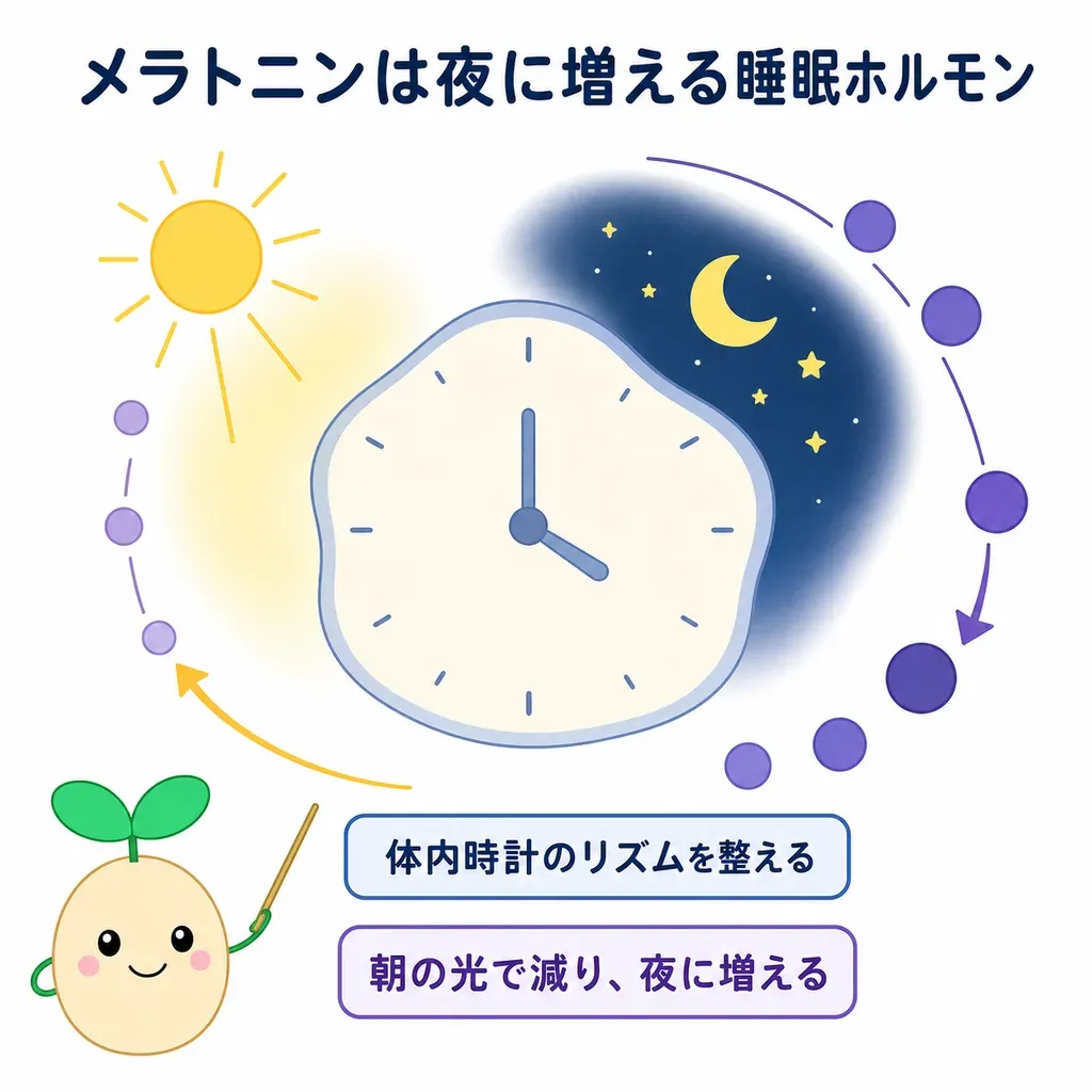 メラトニンが体の中でどんなはたらきに関わるかをやさしく示した図