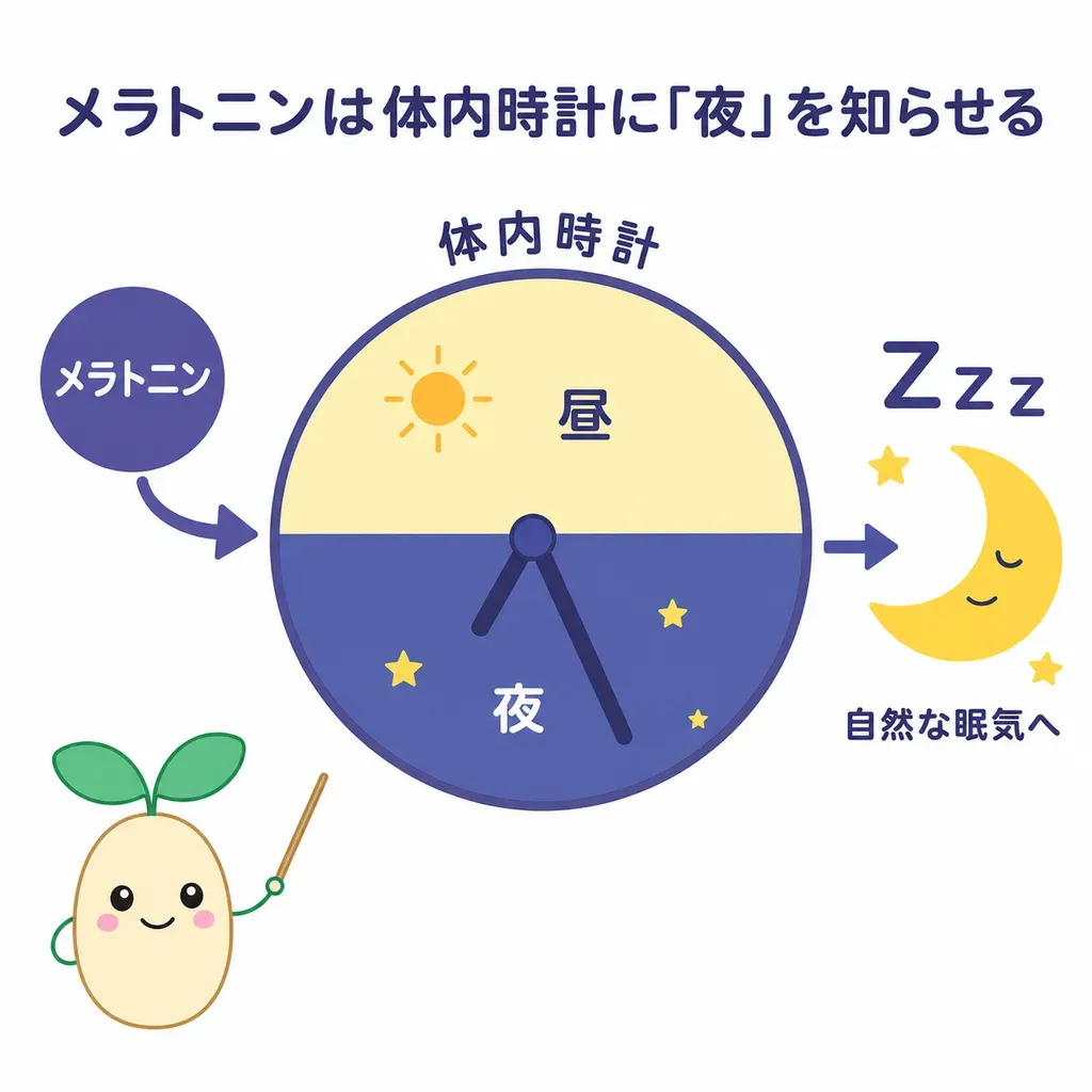 メラトニンが体内時計に『夜』の合図を伝え、睡眠と覚醒のリズムを整えて寝つきを助けるとされるイメージ