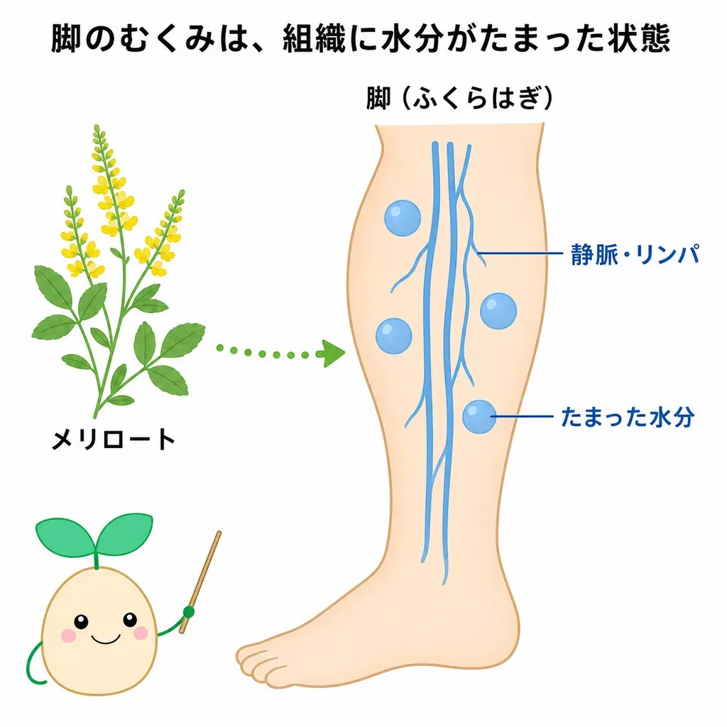 メリロートが静脈やリンパの流れ・むくみをめぐって研究される一方、ヒトでの研究は複数成分を合わせたものが中心であることを示すイメージ