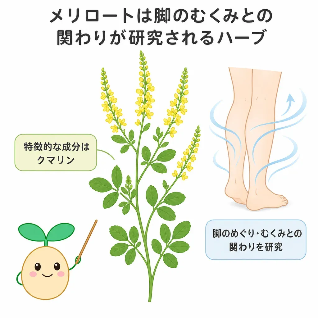 メリロート（セイヨウエビラハギ）が体の中でどんなはたらきに関わるかをやさしく示した図