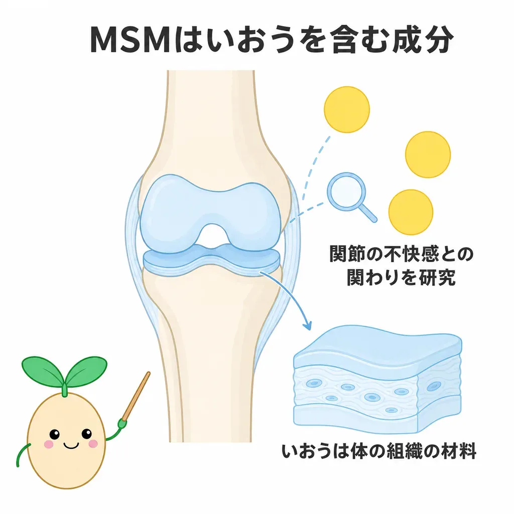 MSM（メチルスルフォニルメタン）が体の中でどんなはたらきに関わるかをやさしく示した図