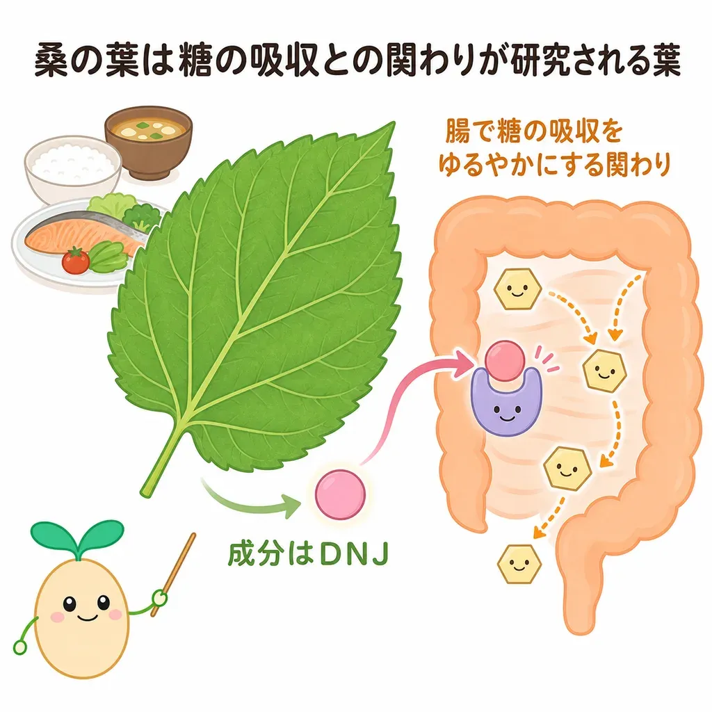 桑の葉が体の中でどんなはたらきに関わるかをやさしく示した図