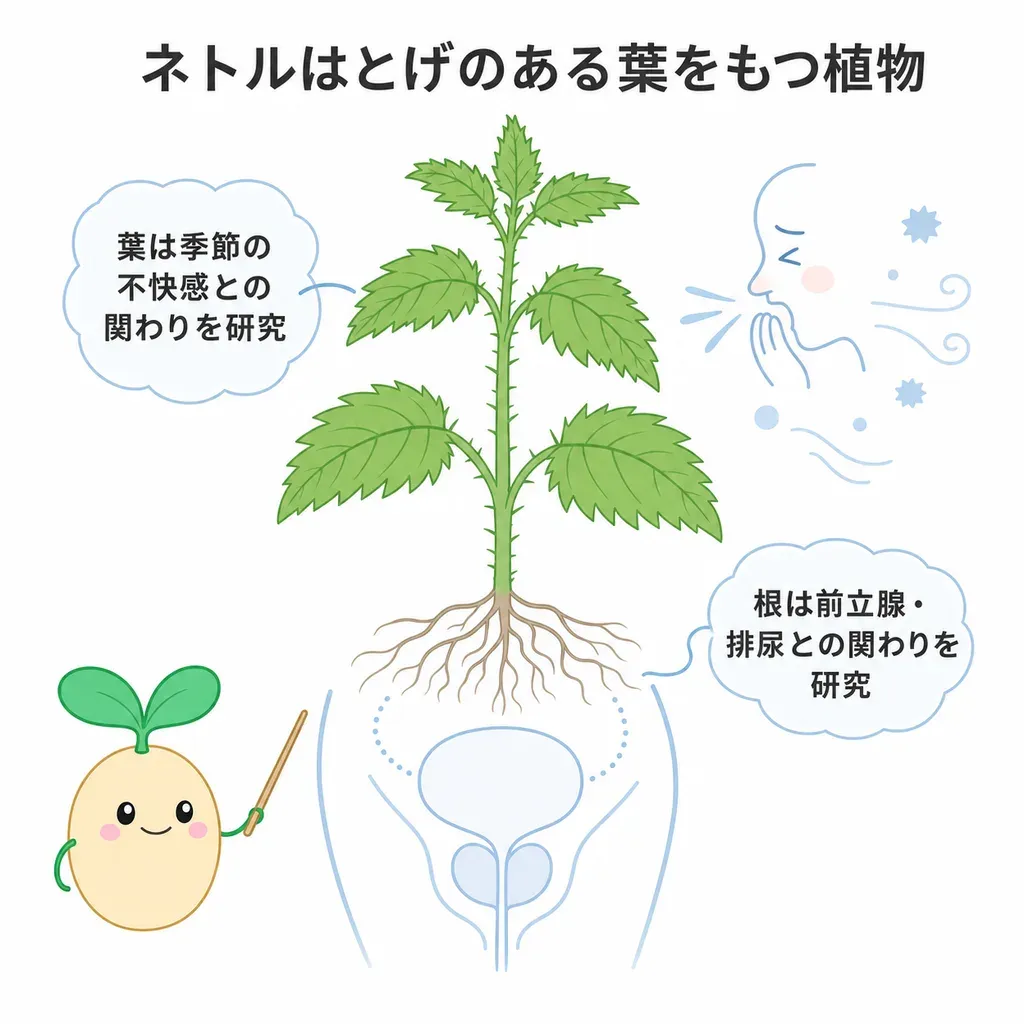 ネトル(イラクサ)が体の中でどんなはたらきに関わるかをやさしく示した図