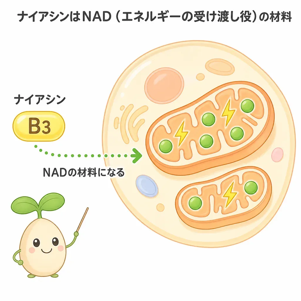 ナイアシン(ビタミンB3)が体内でNADの材料になり、NADが糖質や脂質をエネルギーに変える反応で『受け渡し役』として働くこと、不足するとエネルギー作りが滞ってだるさにつながることを示すイメージ