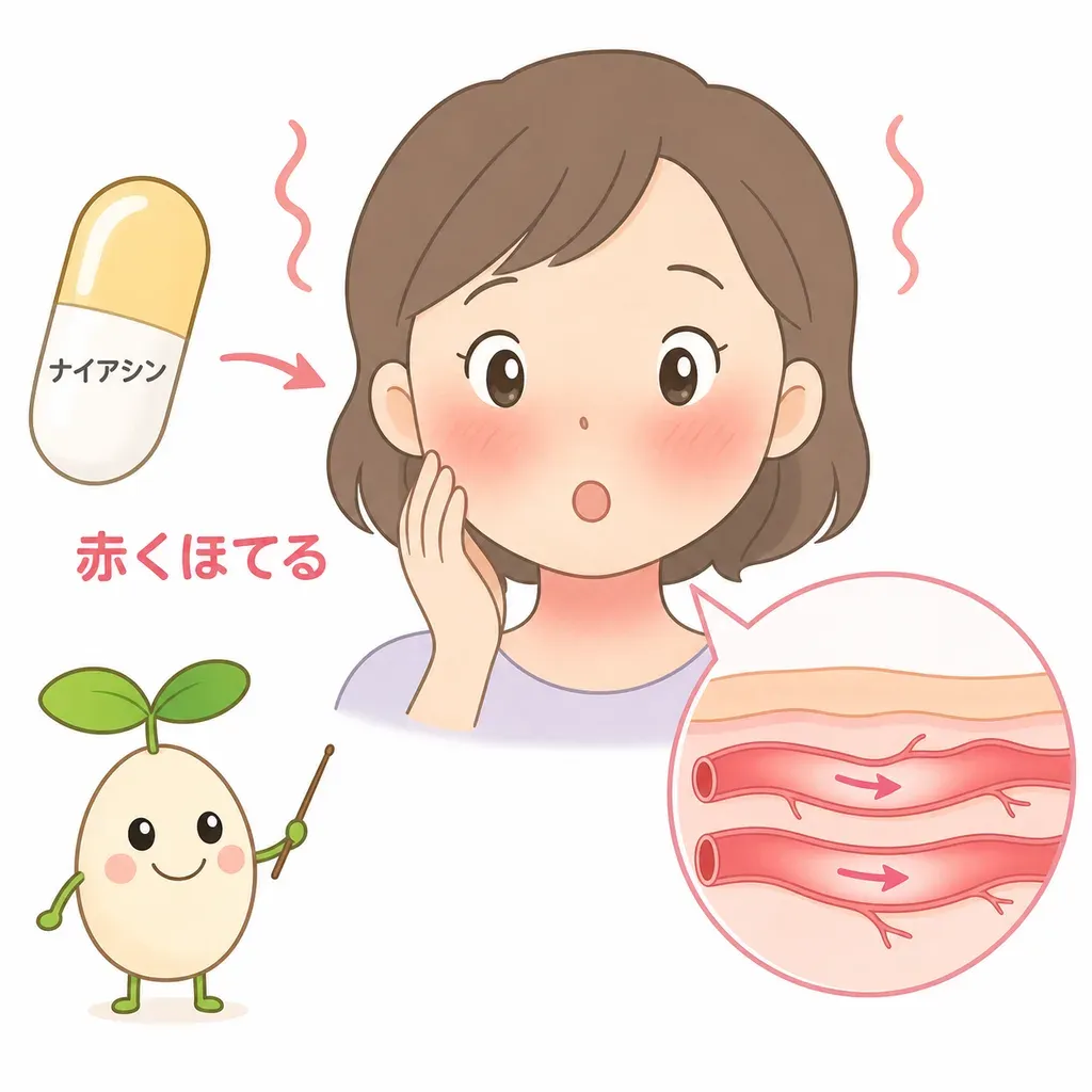 ナイアシンを多めにとると皮膚の血管が一時的にひろがり、顔などが赤くほてることがある（多くは一時的）。