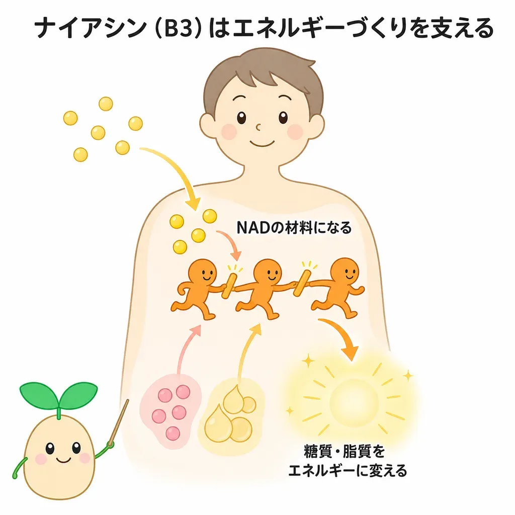 ナイアシン(ビタミンB3)が体の中でどんなはたらきに関わるかをやさしく示した図