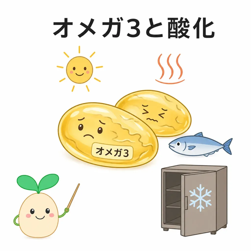 オメガ3は二重結合が多く酸化（傷み）やすい。光・熱・空気を避け、冷暗所で早めに使い切るのがコツ。