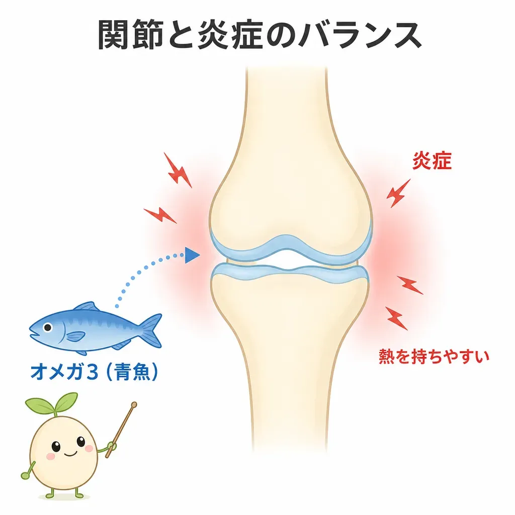 オメガ3が体の炎症のバランスを通じて関節の違和感に関わるイメージ