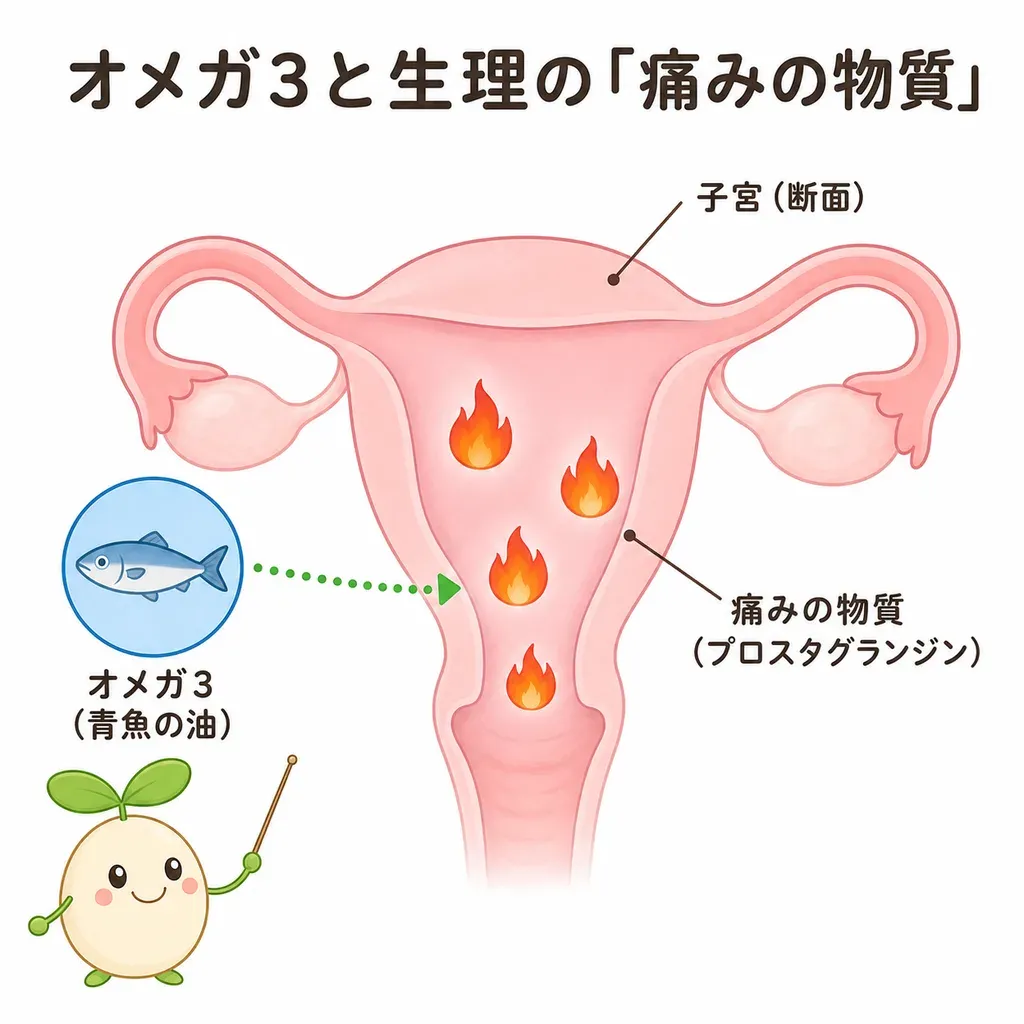 生理痛には痛みを起こす物質(プロスタグランジン)が関わること、青魚の油に多いオメガ3(EPA・DHA)が体の炎症を鎮めるように働き、生理痛や子宮内膜症の痛みとの関係で研究されていることを示すイメージ