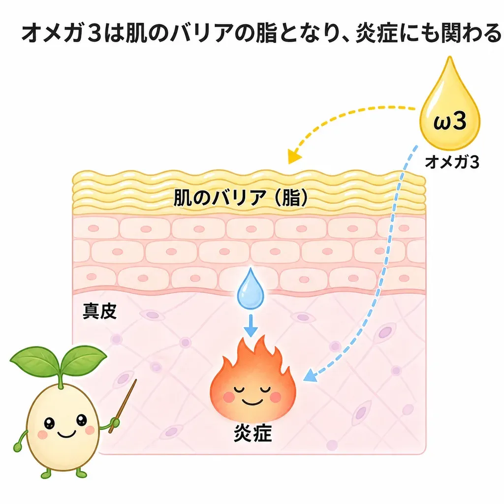 オメガ3が肌のバリアの脂の仲間として働き、炎症を鎮める働きが研究されていることを示すイメージ