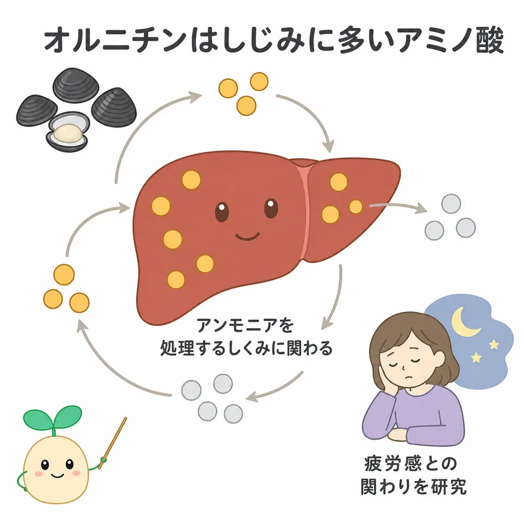 オルニチンが体の中でどんなはたらきに関わるかをやさしく示した図