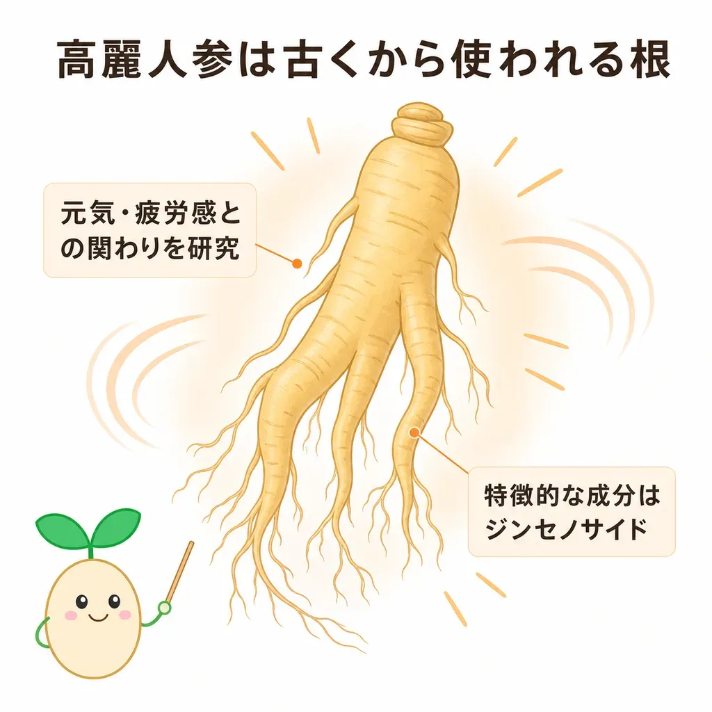 高麗人参が体の中でどんなはたらきに関わるかをやさしく示した図