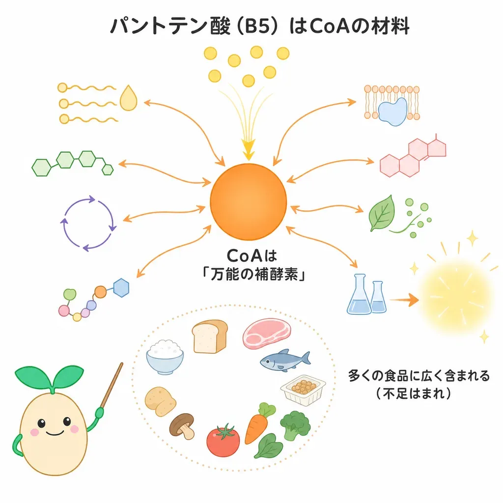 パントテン酸(ビタミンB5)が体の中でどんなはたらきに関わるかをやさしく示した図