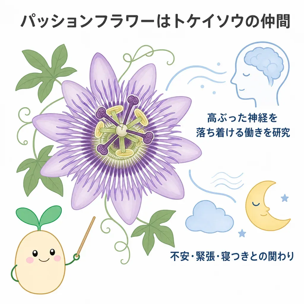 パッションフラワーが体の中でどんなはたらきに関わるかをやさしく示した図