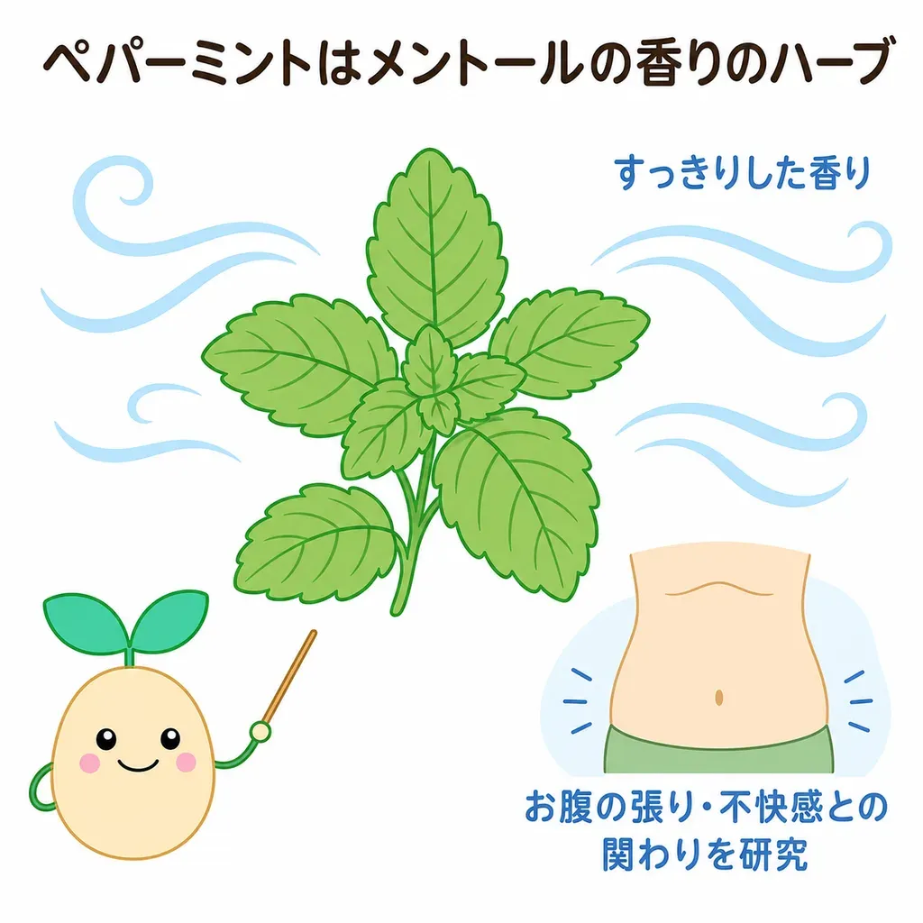 ペパーミント（ハッカ油）が体の中でどんなはたらきに関わるかをやさしく示した図