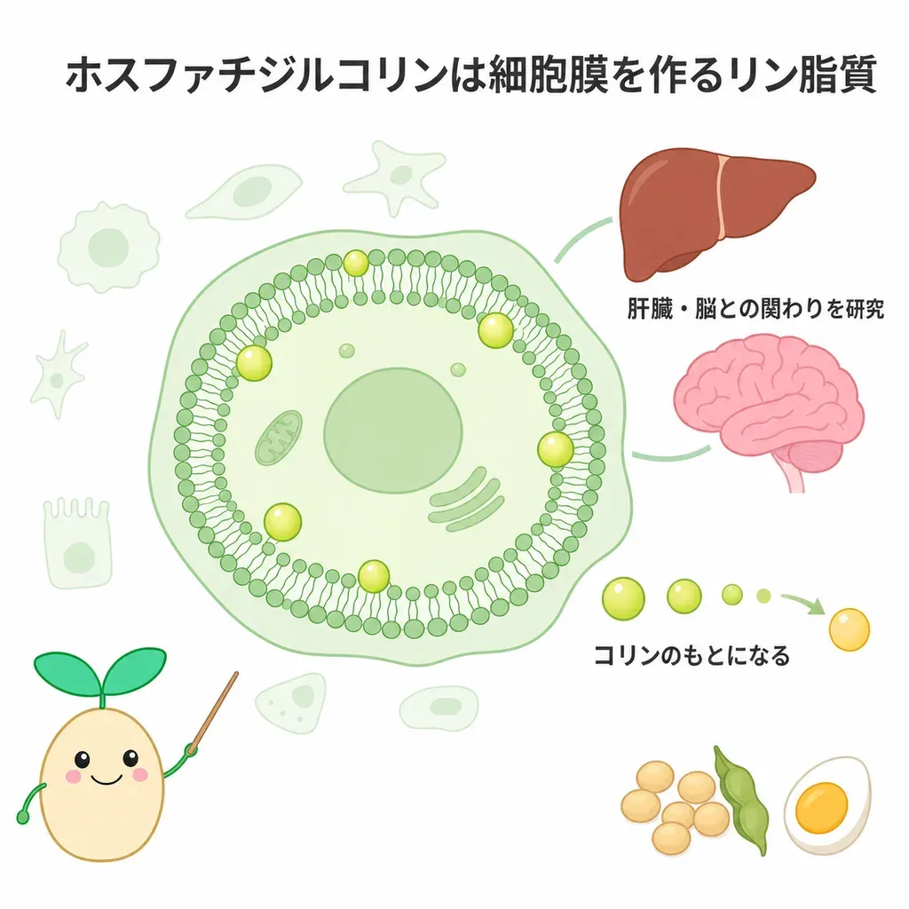 ホスファチジルコリン（レシチン）が体の中でどんなはたらきに関わるかをやさしく示した図