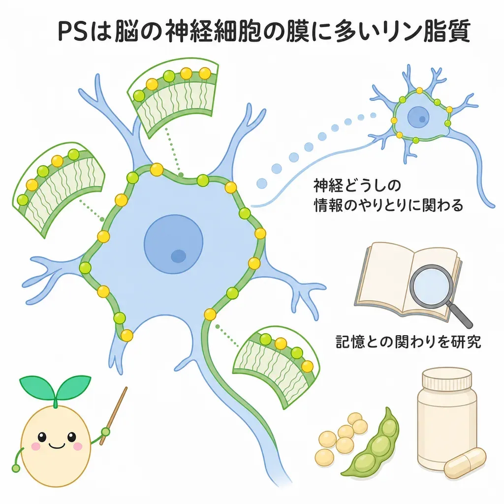 ホスファチジルセリンが体の中でどんなはたらきに関わるかをやさしく示した図