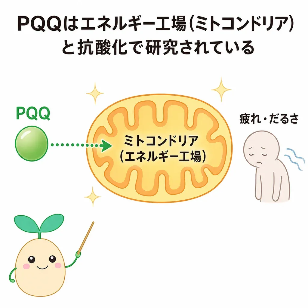 PQQが細胞のエネルギー工場(ミトコンドリア)や抗酸化に関わる可能性が研究される一方、疲れへのヒトでの裏づけは限られていることを示すイメージ