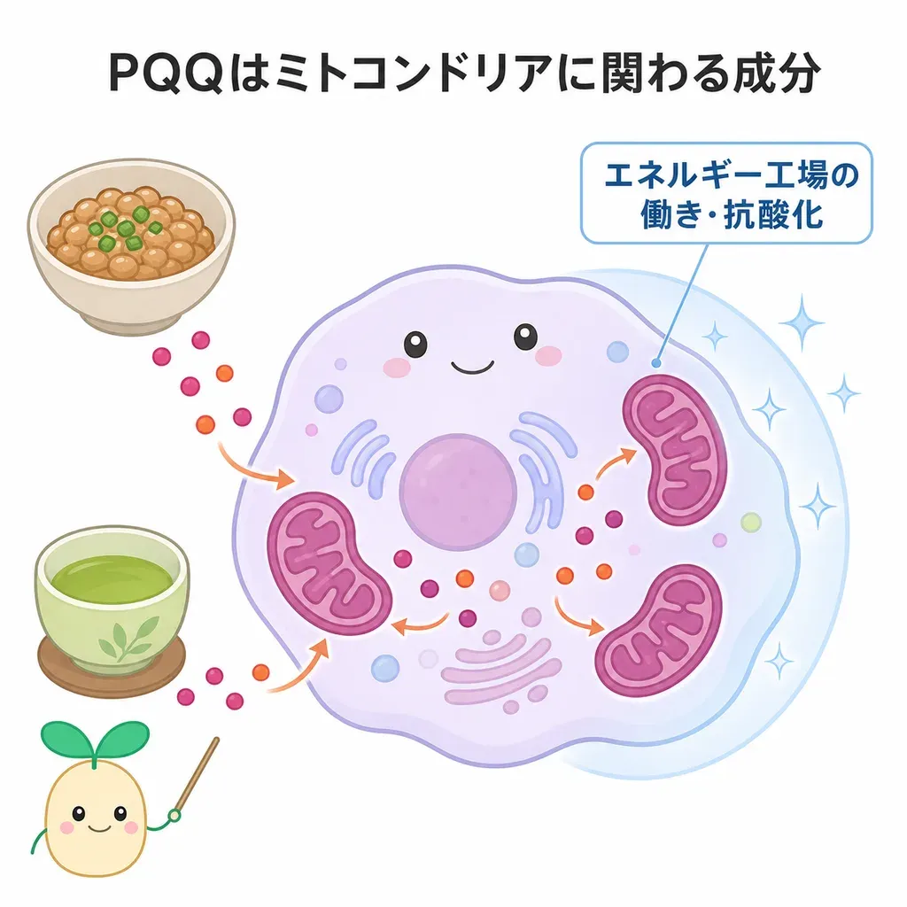 PQQ（ピロロキノリンキノン）が体の中でどんなはたらきに関わるかをやさしく示した図
