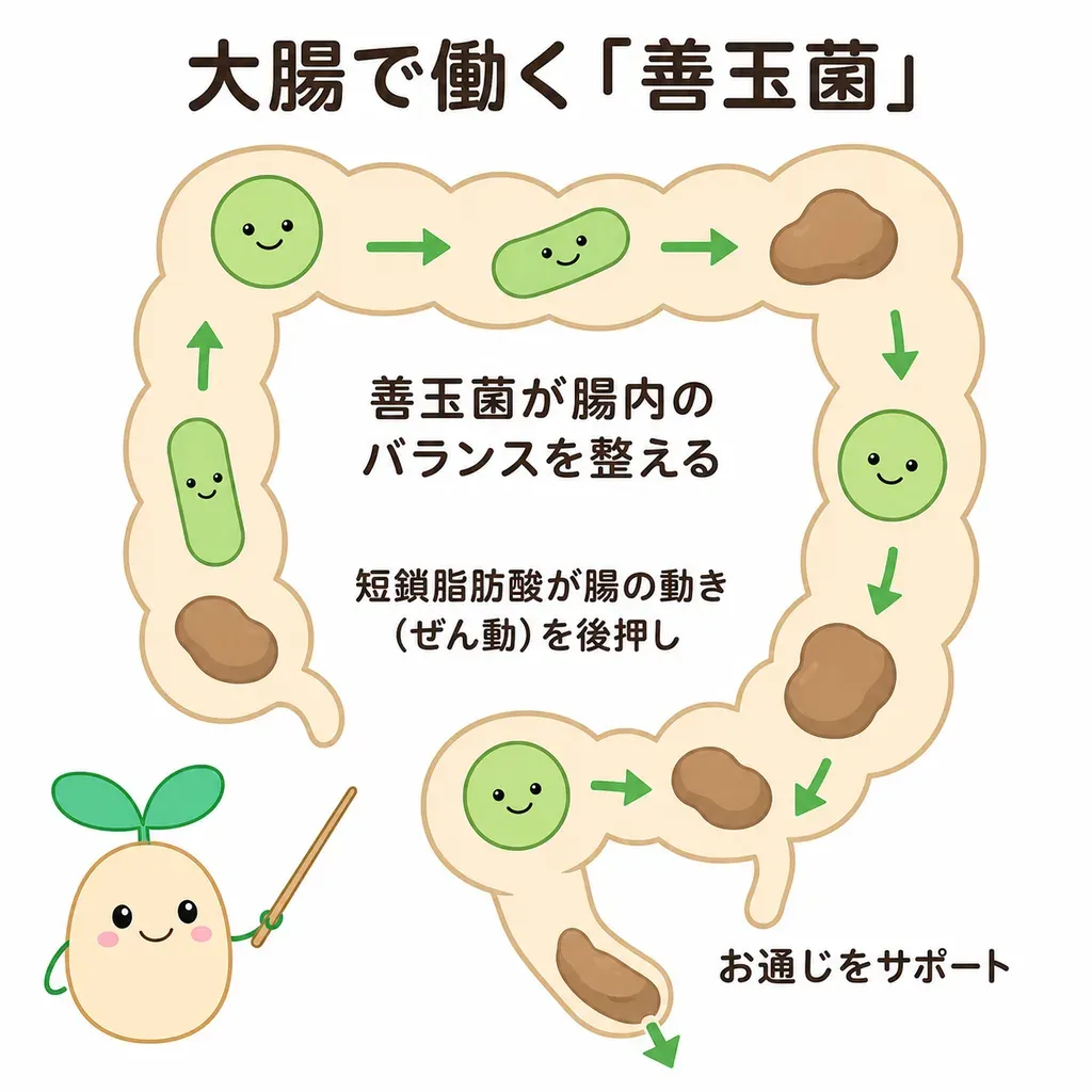 善玉菌が腸内バランスを整え、腸の動きを後押ししてお通じを助けるイメージ