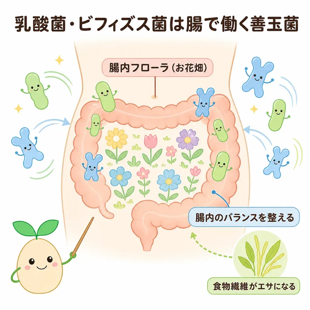 乳酸菌・ビフィズス菌が体の中でどんなはたらきに関わるかをやさしく示した図