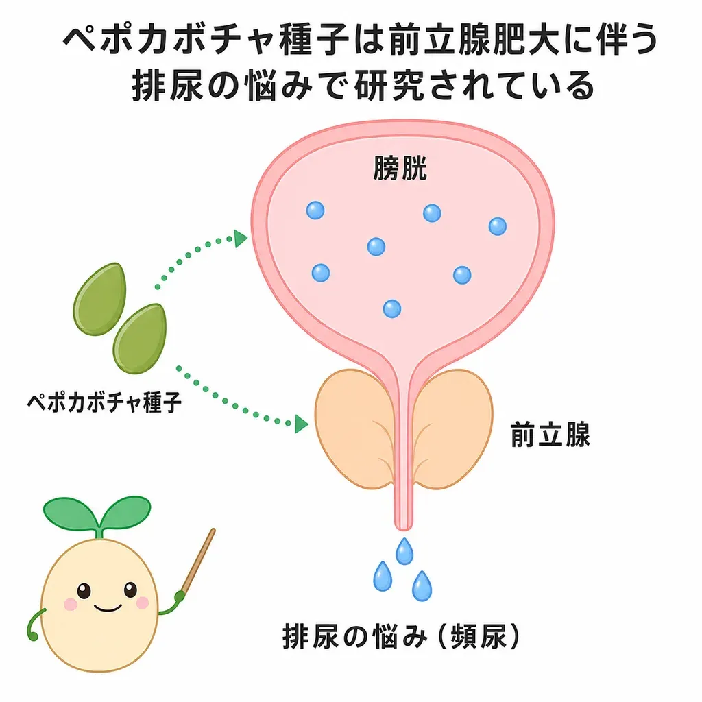 ペポカボチャ種子が、とくに前立腺肥大に伴う排尿の悩み（頻尿など）をめぐって研究される一方、効果は控えめで結果が分かれることを示すイメージ