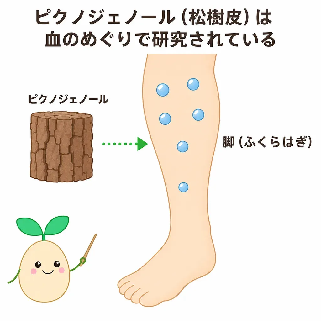 ピクノジェノールが血のめぐり（微小循環）に関わり、脚の静脈の不調によるむくみが和らぐかが研究されているイメージ