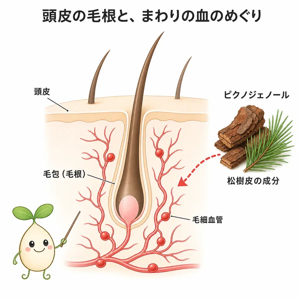 松樹皮のポリフェノールが頭皮の血のめぐりに関わり、毛根に酸素や栄養が届きやすい状態を支える観点で研究されていることを示すイメージ