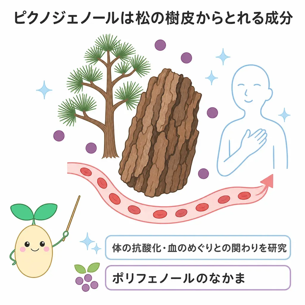 ピクノジェノール（松樹皮エキス）が体の中でどんなはたらきに関わるかをやさしく示した図