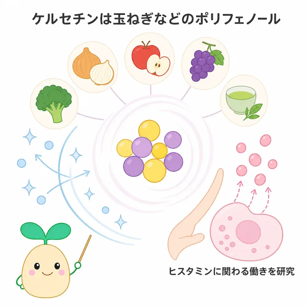 ケルセチンが体の中でどんなはたらきに関わるかをやさしく示した図