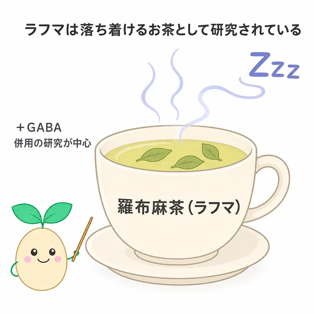 ラフマ(羅布麻)の葉が気持ちを落ち着ける働きが研究される一方、ヒトでの研究はGABAと組み合わせたものが中心であることを示すイメージ