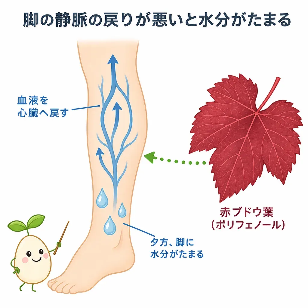 脚の静脈で戻りにくくなった血液・水分のめぐりに、赤ブドウ葉のポリフェノールが関わるイメージ