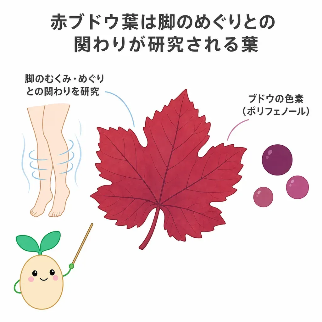 赤ブドウ葉が体の中でどんなはたらきに関わるかをやさしく示した図
