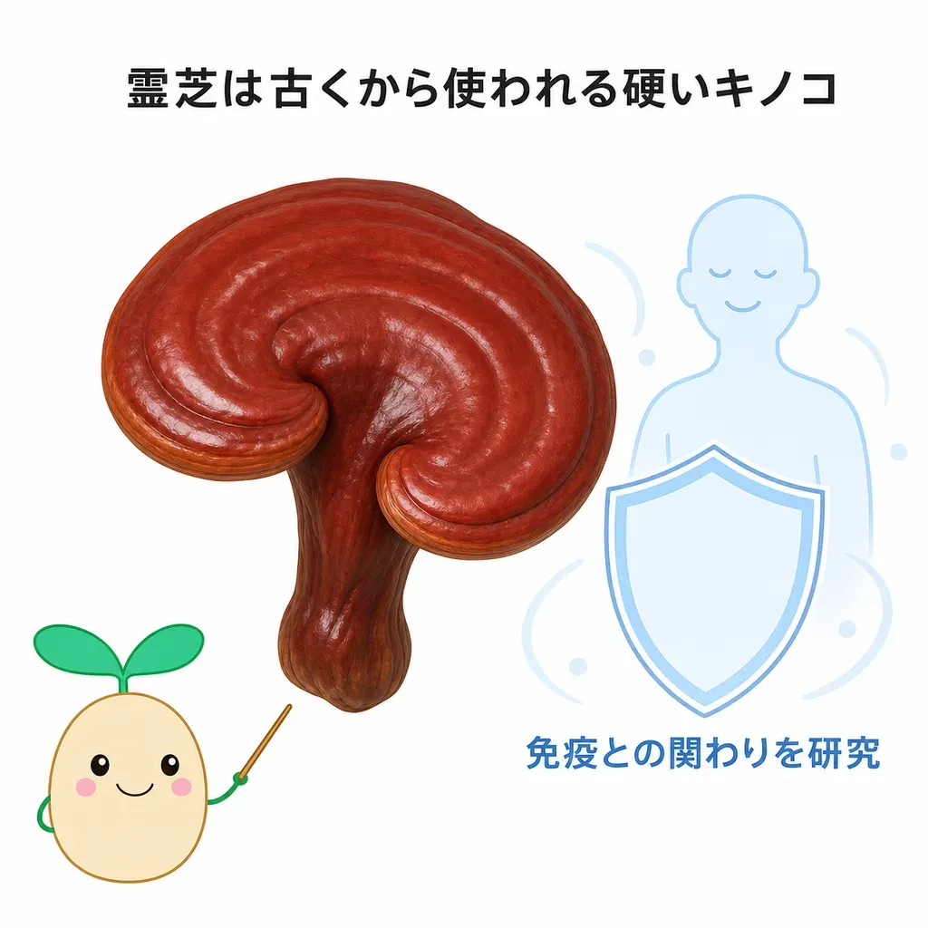 霊芝（れいし）が体の中でどんなはたらきに関わるかをやさしく示した図