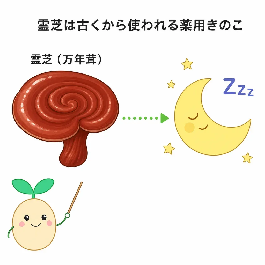 霊芝(万年茸)は東アジアで古くから気持ちを落ち着ける目的で使われてきた薬用きのこで、寝つき・睡眠との関係が語られるが、霊芝そのものの睡眠への裏づけは限定的であることを示すイメージ