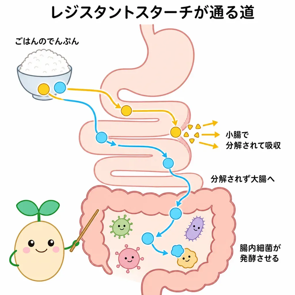 ふつうのでんぷんは小腸で分解されて吸収され、レジスタントスターチは分解されずに大腸まで届いて腸内細菌に発酵されるイメージ