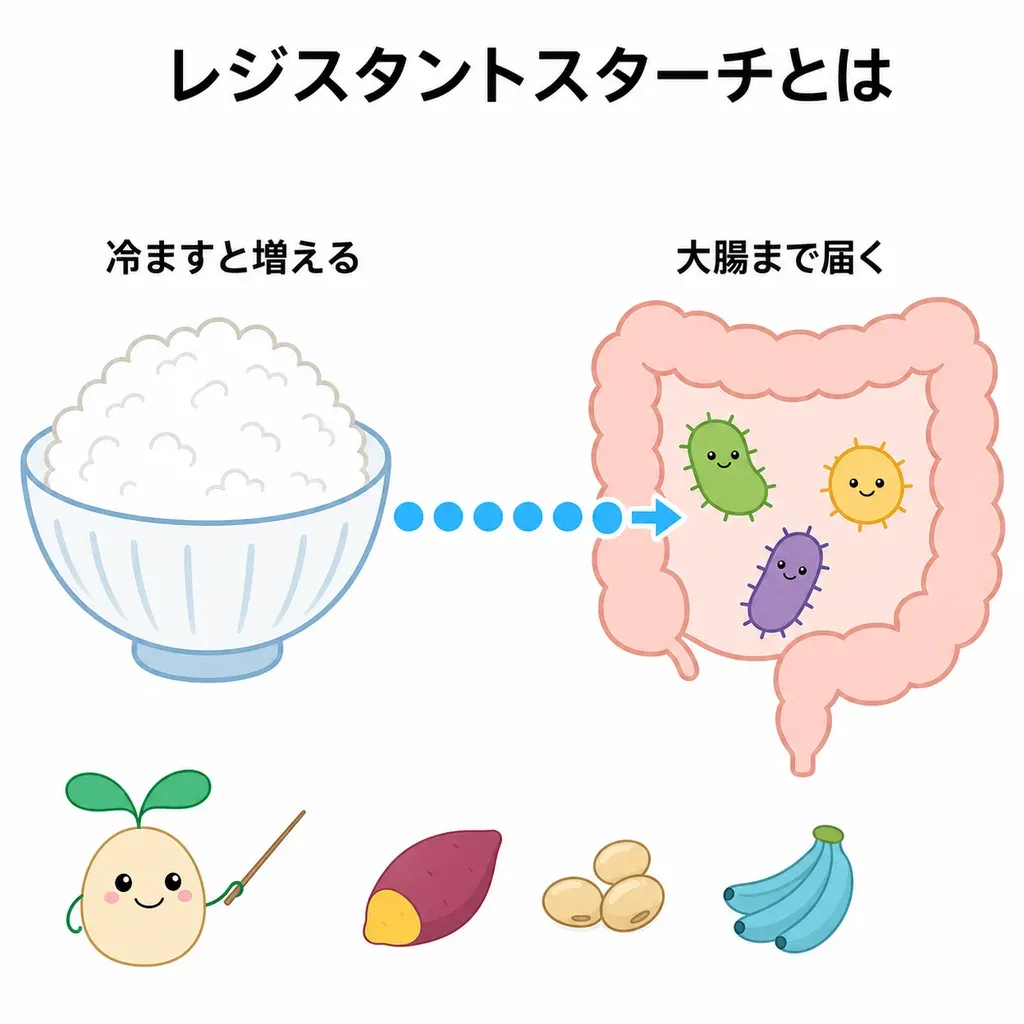 レジスタントスターチが体の中でどんなはたらきに関わるかをやさしく示した図