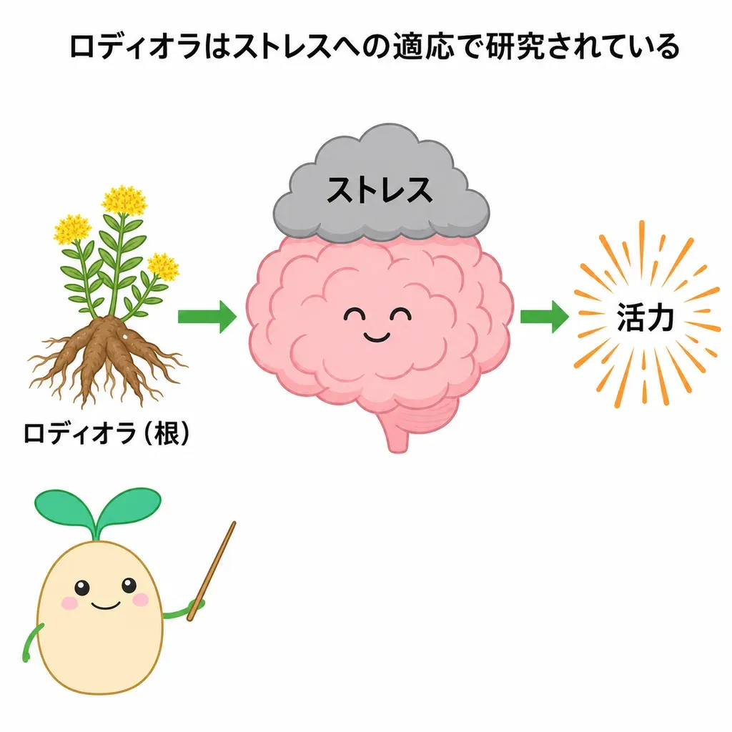 ロディオラがストレスへの適応を助ける働きが研究され、心身の疲れとの関係が調べられている(研究の質に課題)イメージ