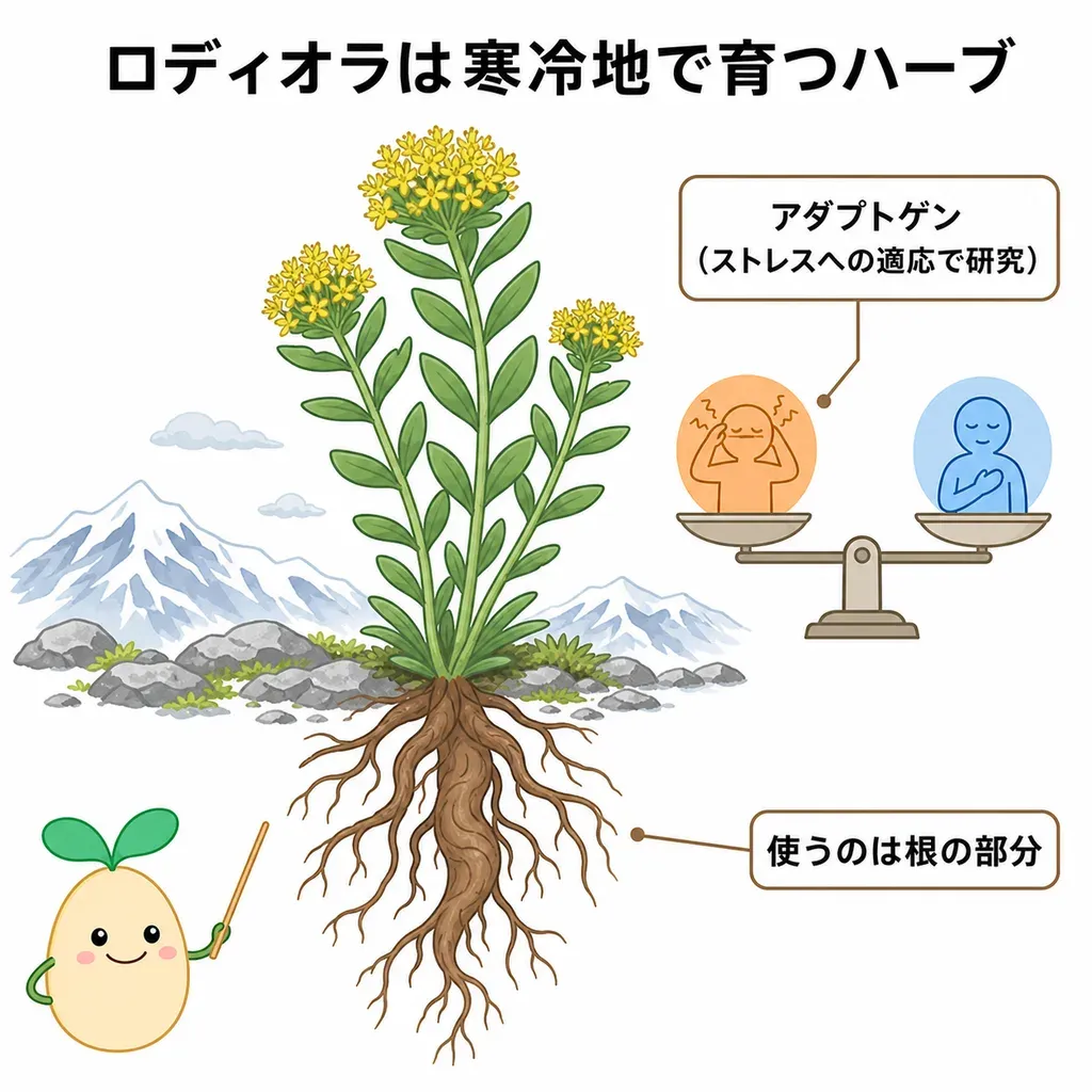 ロディオラが体の中でどんなはたらきに関わるかをやさしく示した図