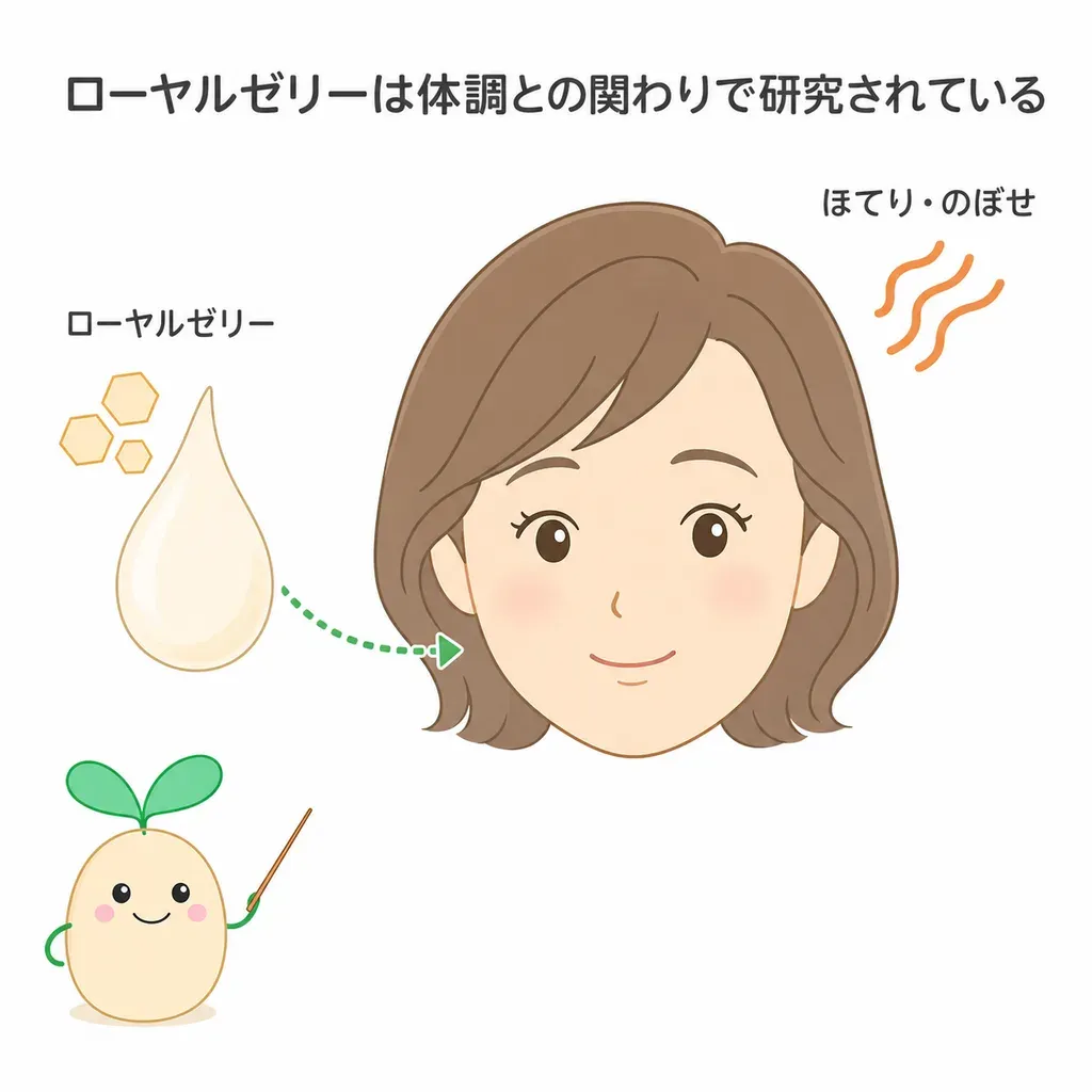 ローヤルゼリーの10-HDAなどが女性ホルモンや体調との関連で研究され、更年期の症状が和らぐとの報告がある一方、研究の数・質には限りがあり、重いアレルギーへの注意が最優先であることを示すイメージ