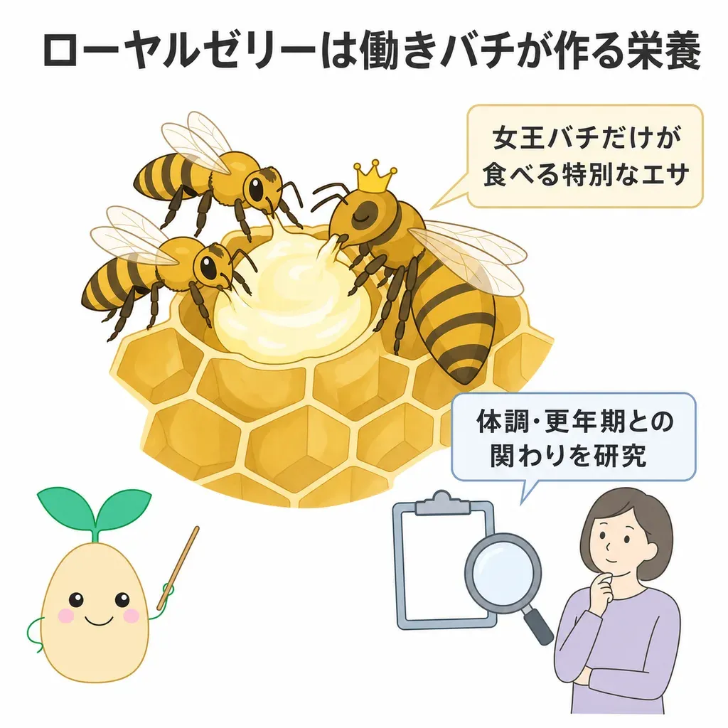 ローヤルゼリーが体の中でどんなはたらきに関わるかをやさしく示した図