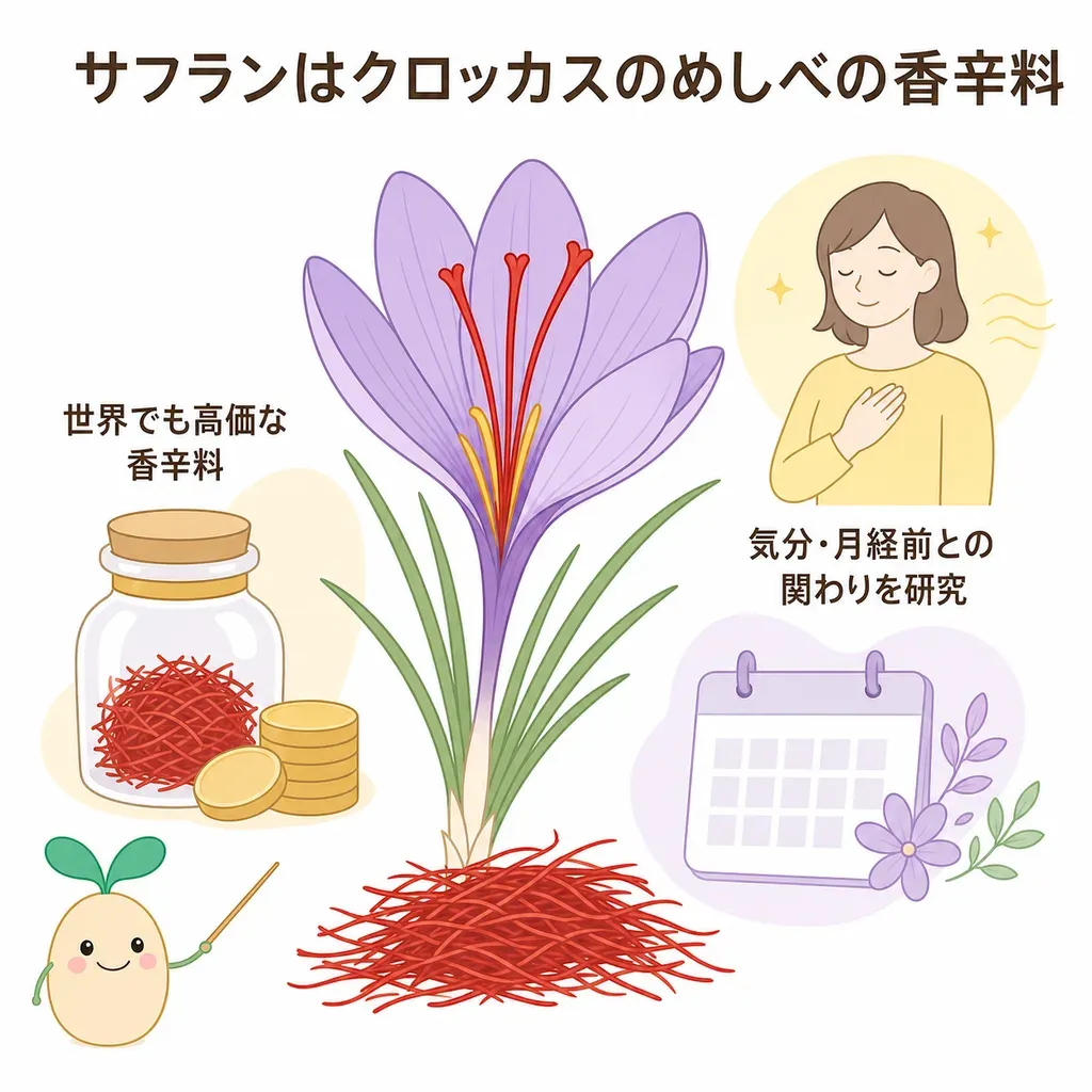 サフランが体の中でどんなはたらきに関わるかをやさしく示した図