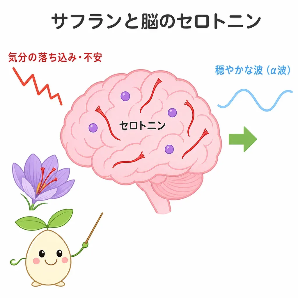 サフランが脳の神経の伝達(セロトニンなど)と関係すると研究され、気分・不安との関係が調べられているイメージ