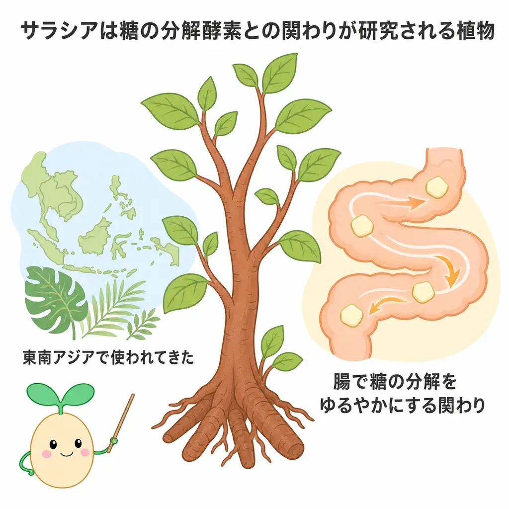 サラシアが体の中でどんなはたらきに関わるかをやさしく示した図