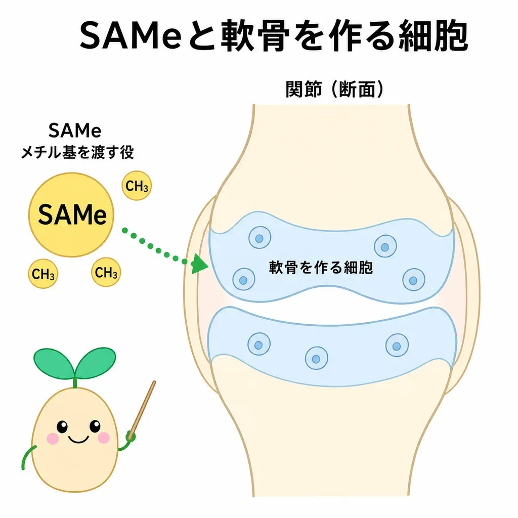 SAMeが軟骨を作る細胞の働きに関わり、関節の痛みとの関係で研究される一方、結論はまだ定まっていないことを示すイメージ
