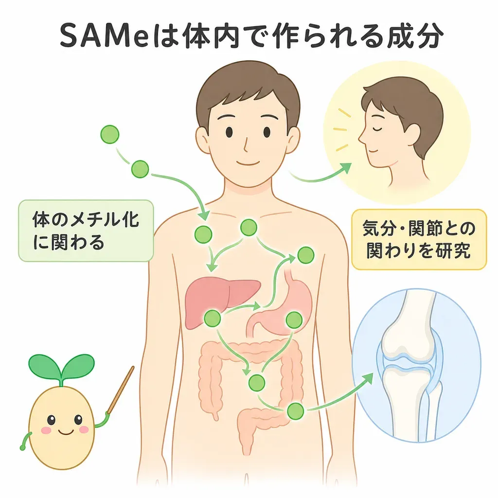 SAMeが体の中でどんなはたらきに関わるかをやさしく示した図