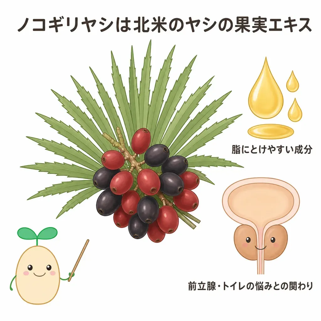 ノコギリヤシが体の中でどんなはたらきに関わるかをやさしく示した図