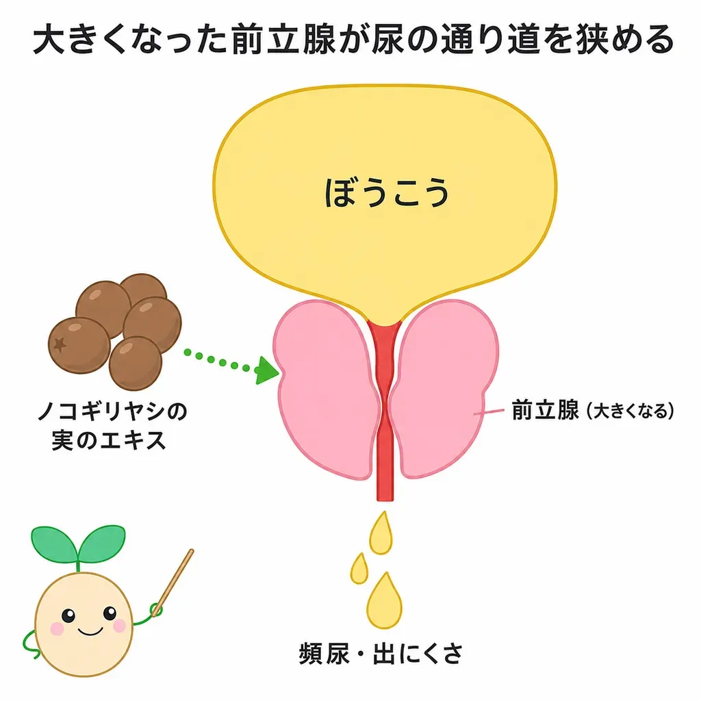 中高年男性で前立腺が大きくなると尿の通り道(尿道)が狭まり、頻尿や尿の出にくさにつながること、ノコギリヤシの実のエキスがその前立腺に関わると研究されている一方、研究の質にはばらつきがあることを示すイメージ